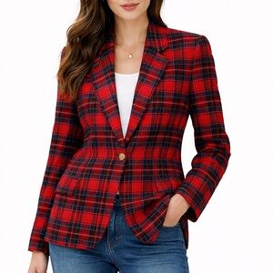 Vintage Preppy Pendleton Red Tartan Plaid Classic Jacket Blazer Dark Academia 14